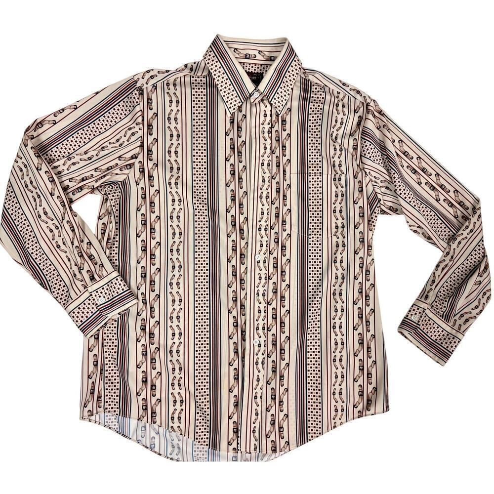 Mens 70s Kingsport VTG Horsebit Belt Print 100% Polyester Dress Shirt L 16-16.5